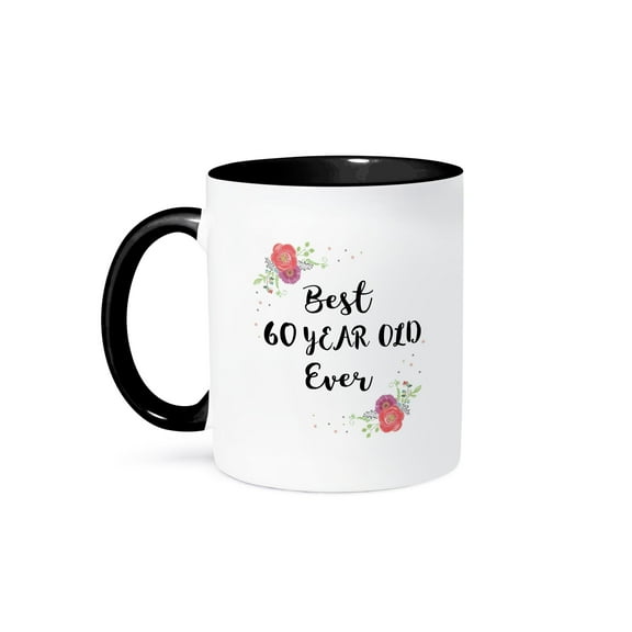 3dRose, Floral Best 60 Year Old Ever pink flowers cute 60th Birthday Girl Gift, 11oz Two-Tone Black Mug