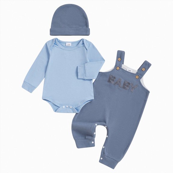 HCNTES Baby Boy Winter Clothes Newborn Baby Boy Outfit Fall Winter Clothes Solid Plain Long Sleeve Romper Jumpsuit Overall Pants Hat Set