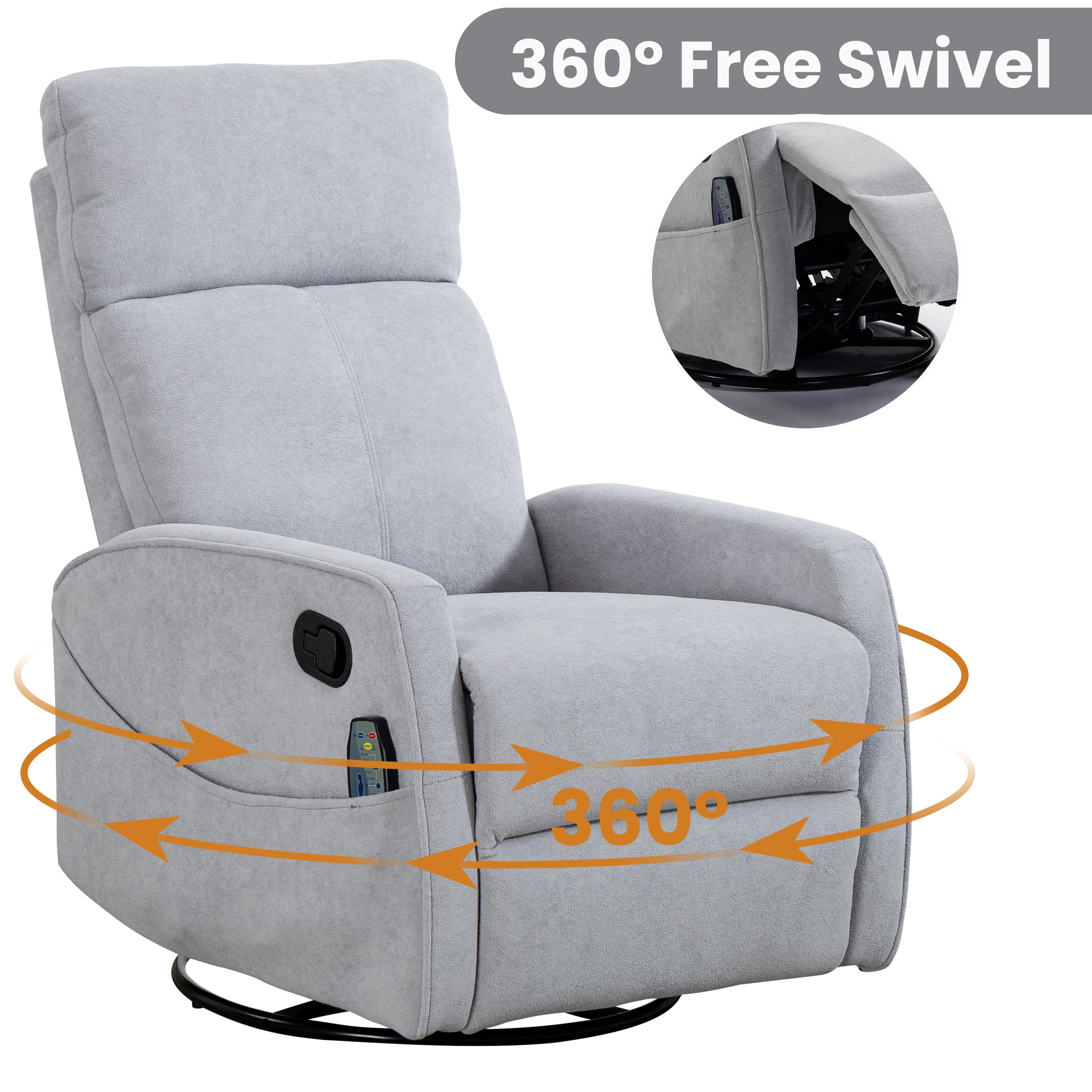 Rocker Recliner with Heat and Massage, LEGAHOME Velvet Upholstered 360° Swivel Rocking Recliner, Small Rocker Recliner with Side Pockets for Small Space, Manual Rocking Chair for Nursery, Gray
