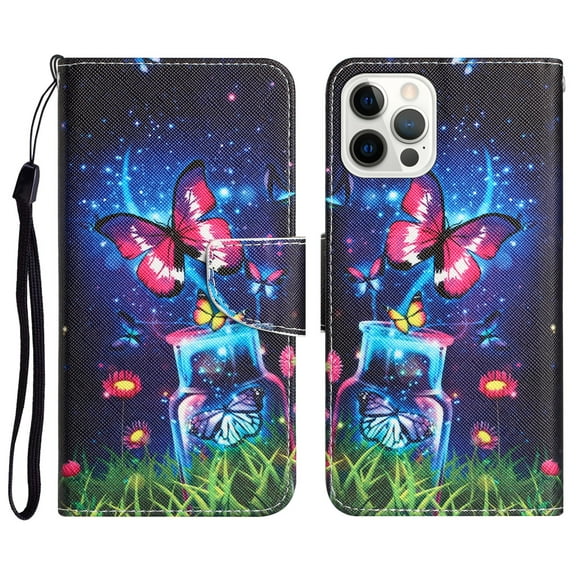 Compatible with iPhone 12 / 12 Pro Wallet Case for Women with Credit Card Holders, Magneitc Cute Patterned Designed Flip PU Leather Kickstand Shockproof Cover for iPhone 12 / 12 Pro, Butterfly