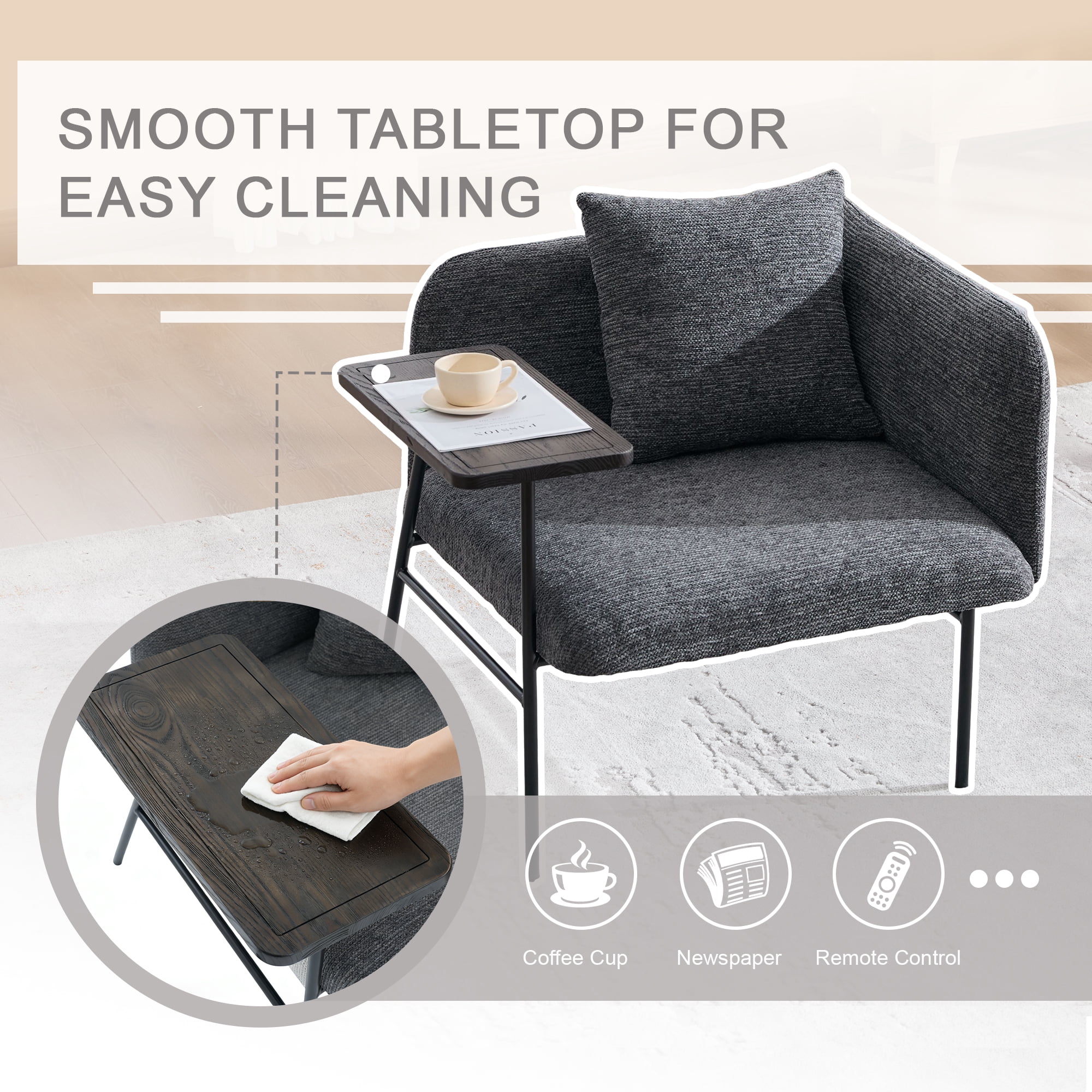 Leisure Chair, Lounge Relaxing Chair with Small Table and Back Pillow, Modern Upholstered Chairs with Metal Legs and Side Pockets, Single Sofa for Living Room/Bedroom/Garden