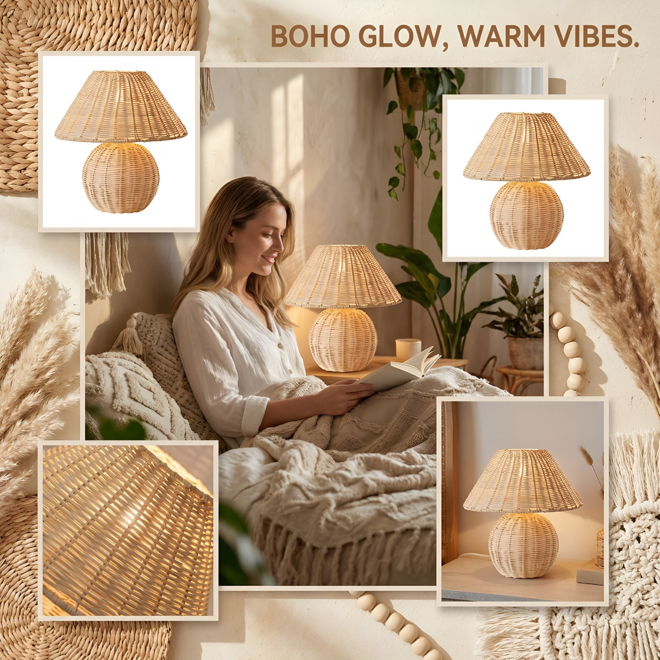 HIBIBUD Handmade Bamboo Rattan Table Lamp,Boho Wicker Bedside Lamp with 3-Color Adjustable Light,Vintage Wooden Nightstand Desk Lamp for Bedroom,Living Room,Entryway,Home Decor Accent