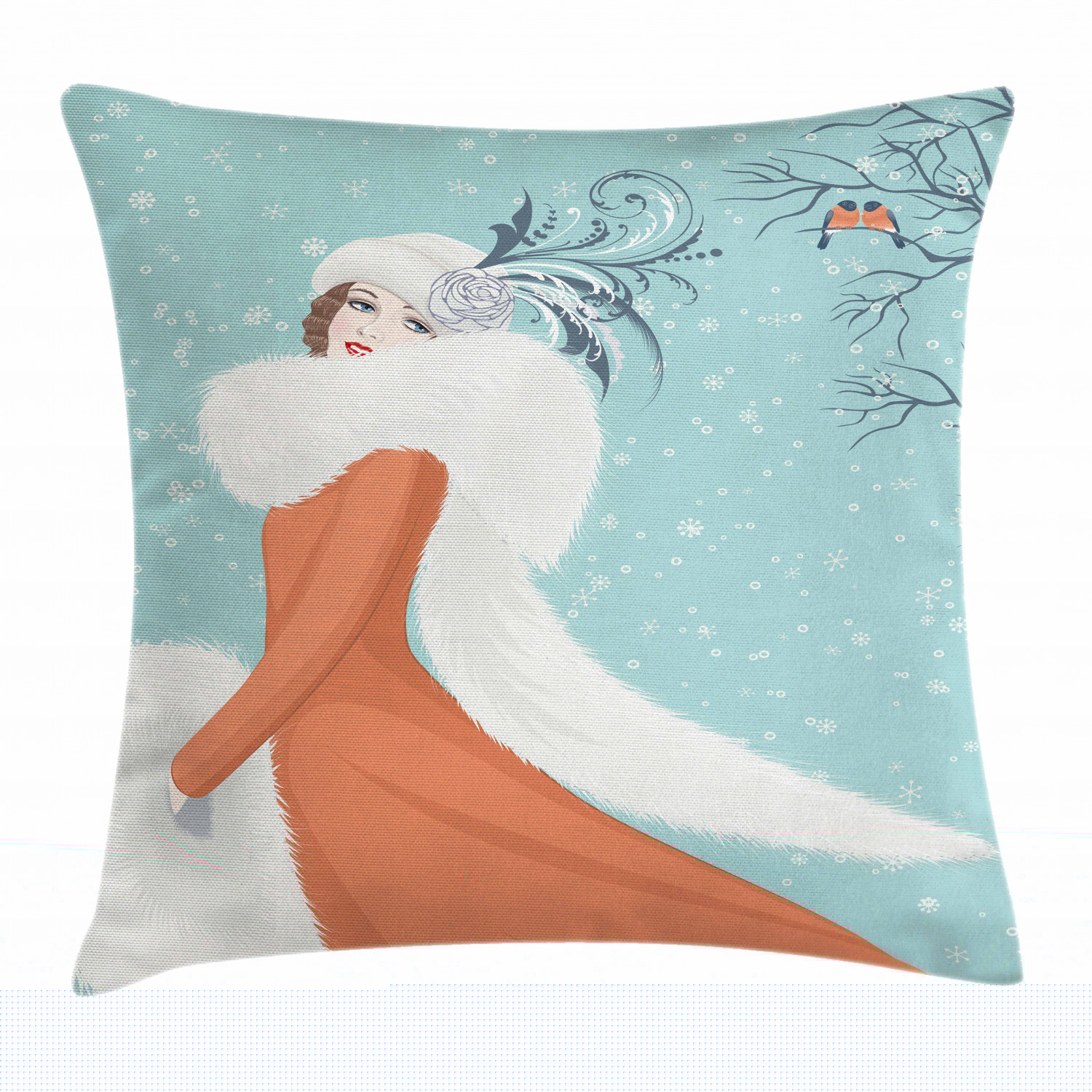 thumbnail image 1 of Vintage Woman Throw Pillow Cushion Cover, Image of a Lady in a Coat with Long Fur Collar on a Snowy Winter Background, Decorative Square Accent Pillow Case, 20 X 20 Inches, Multicolor, by Ambesonne, 1 of 2