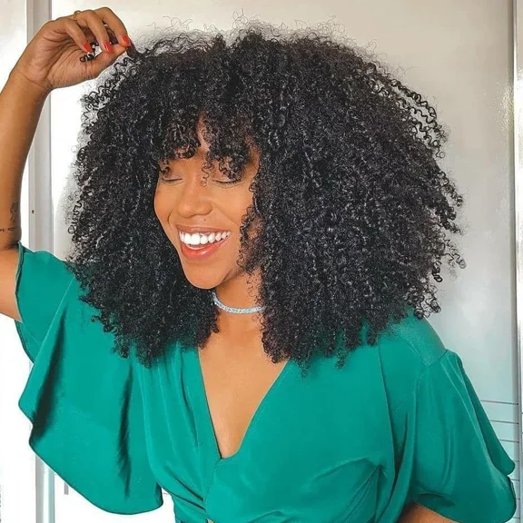 Typpkmm - Multi-Function 200 Density Short Curly Afro Wig with Bangs Full Machine Made Afro Kinky Curly Human Hair Wigs for Women Glueless Wig Black