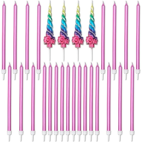 Blue Panda Rainbow Unicorn Horn Cake Candles & Holders - 28-Pack Metallic & Pink - Fun Birthday Candles & Rainbow Party Decor
