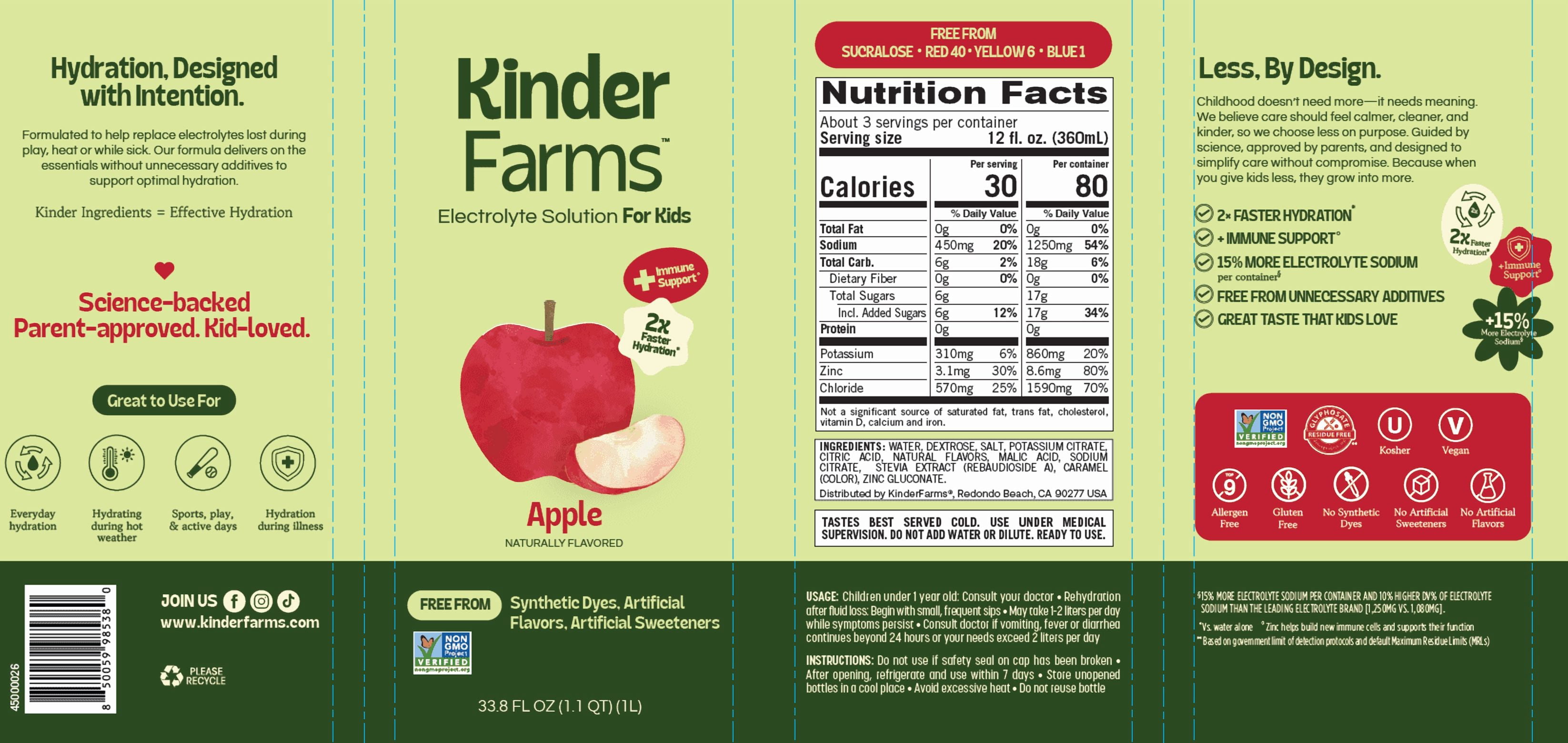 (2 pack) KinderFarms Electrolyte Solution for Kids, Apple, 1 liter