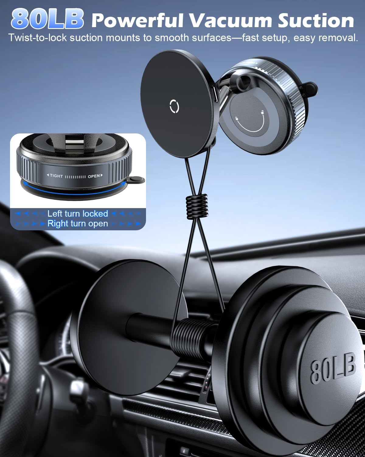 15W Fast Wireless Charger Car Phone Mount, Vacuum Suction Cup Magnetic Phone Holder Design for MagSafe iPhone 17/16/15/14/13/12, 360° Adjustable & Foldable Stand for Dashboard/Windshield