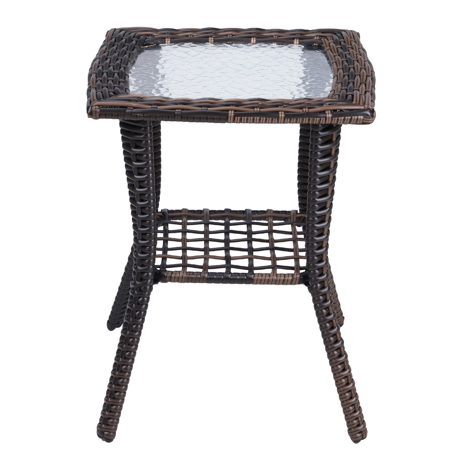 Wicker Side Table with Glass Table Top, Square PE Rattan Outdoor End Table for Patio, Garden, Poolside, Deck w/UV-Resistant Frame, Storage Space, Brown