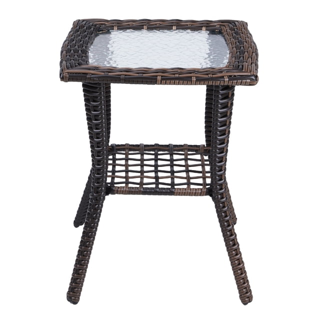 Ktaxon Wicker Side Table, Patio Rattan Coffee Table for Patio, Garden, Porch, Living Room, 2 Tiers End Table for More Storage Space, Brown