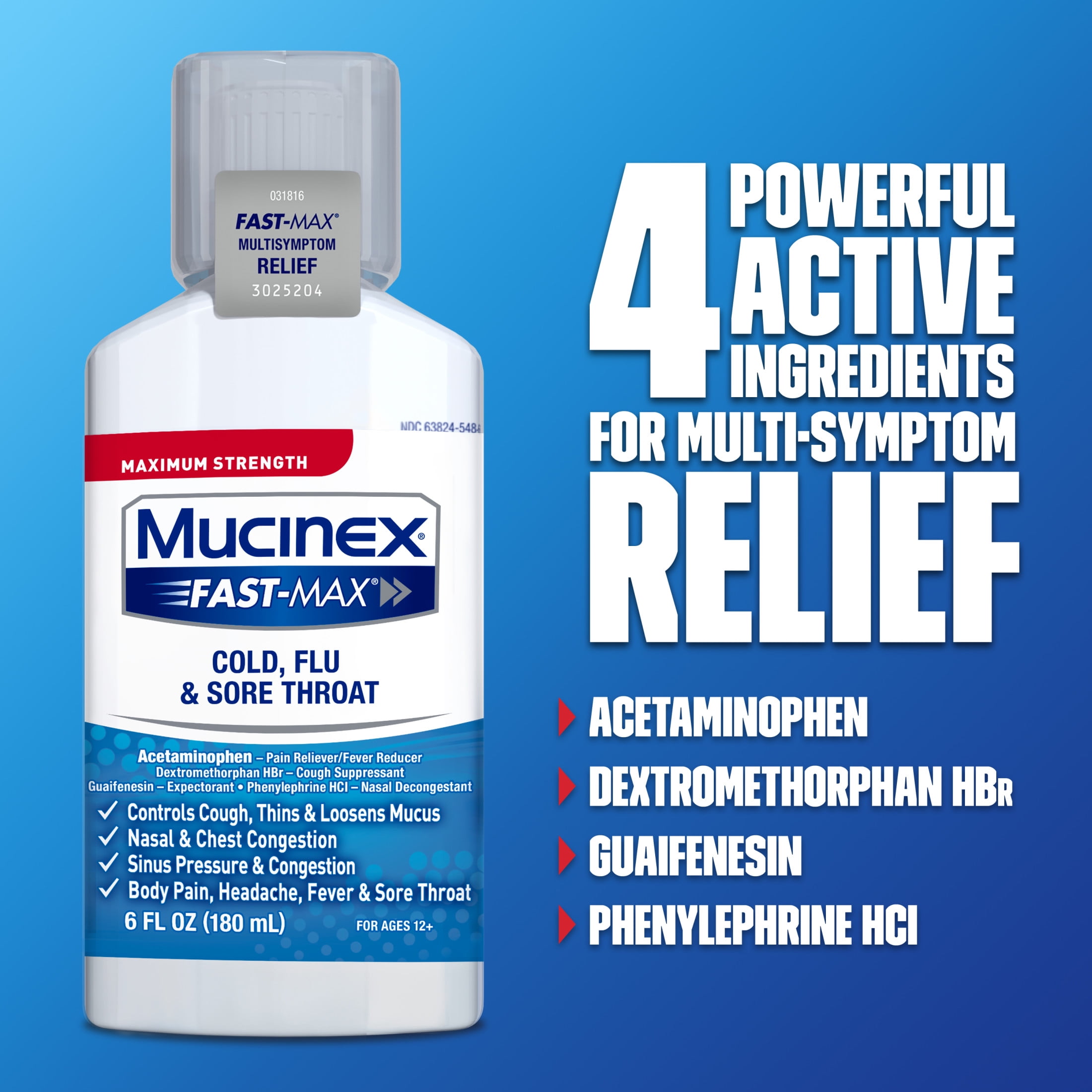 Mucinex Fast-Max Cold, Flu, & Sore Throat Relief Medicine, OTC Cough Suppressant, Expectorant, 6 fl oz