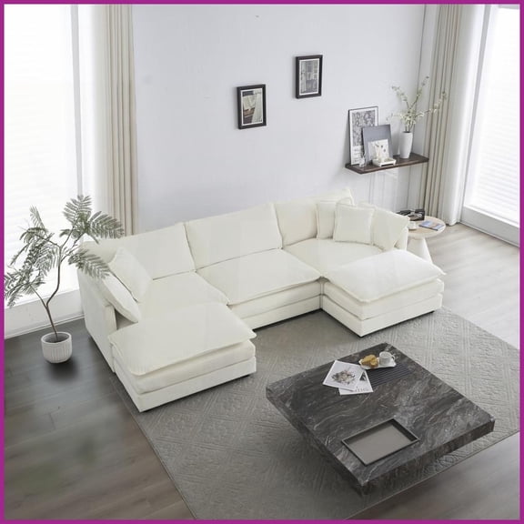Modern Minimalist Chenille 5-Seat U-Shaped Sectional Sofa with Reversible Footrest & 2 Ottomans - White for Living Room
