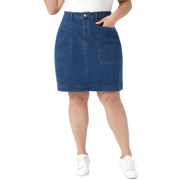 Agnes Orinda Women's Plus Size School College Denim Pencil Skirts High Waist Work Casual Summer Midi Jean Skirt with Pockets 1X Blue