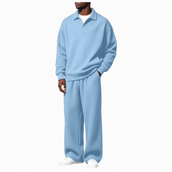 gibobby Mens 2 Pieces Sets Long Sleeve Casual Polo Shirt Fall Winter Loose Sweatpants Lounge Vacation Outfits Set (Sky Blue,3XL)