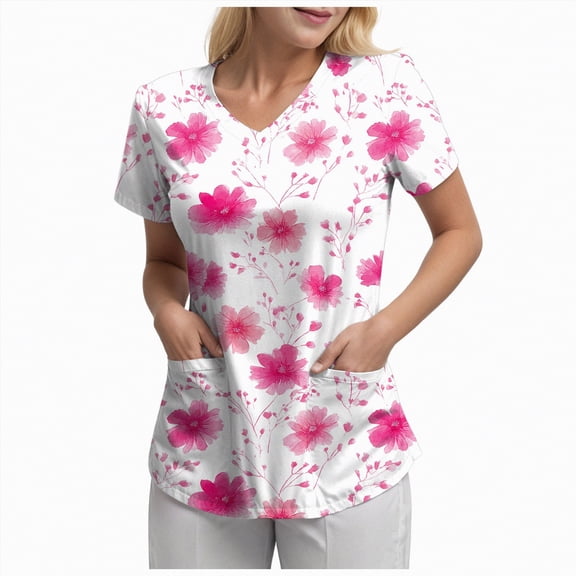 mgoYE Women Scrub Tops Plus Size Holiday Scrub Tops for Women Short Sleeve V-neck Stretchy Workwear Cute Printed 2 Pockets Scrub Shirt(Pink,3XL)