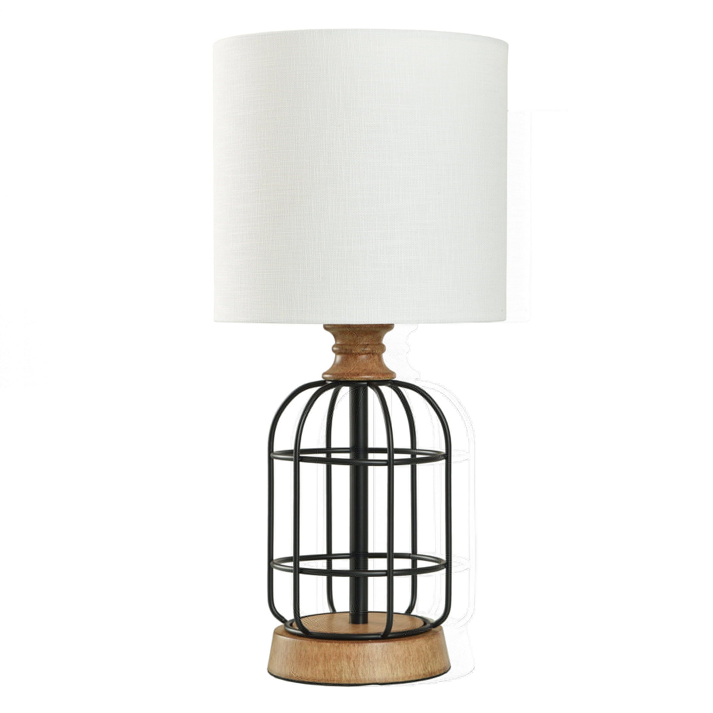Mainstays Black Metal Cage Table Lamp with Wood Accents and Drum Shade, 17"