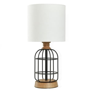 Mainstays Black Metal Cage Table Lamp with Wood Accents, 17 In