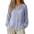 thumbnail image 2 of Gauze Shirts for Women Cotton Linen Beach Cover up Long Sleeve V Neck Button Down Crinkle Breathable Summer Navy XXL, 2 of 7