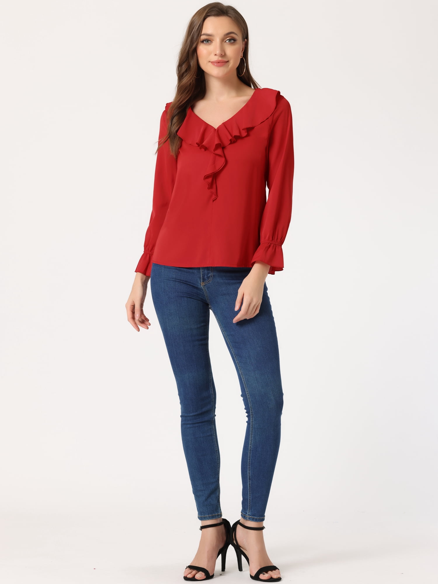 DARING DIVA Women's Ruffle V Neck Chiffon Peasant Blouse XL Red