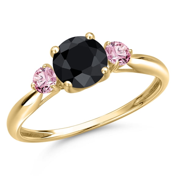 Gem Stone King 10K Yellow Gold Black Sapphire and Pink Lab Grown Diamond 3-Stone Ring for Women | 1.41 Cttw | Round 6MM | Gemstone September Birthstone | Size 7