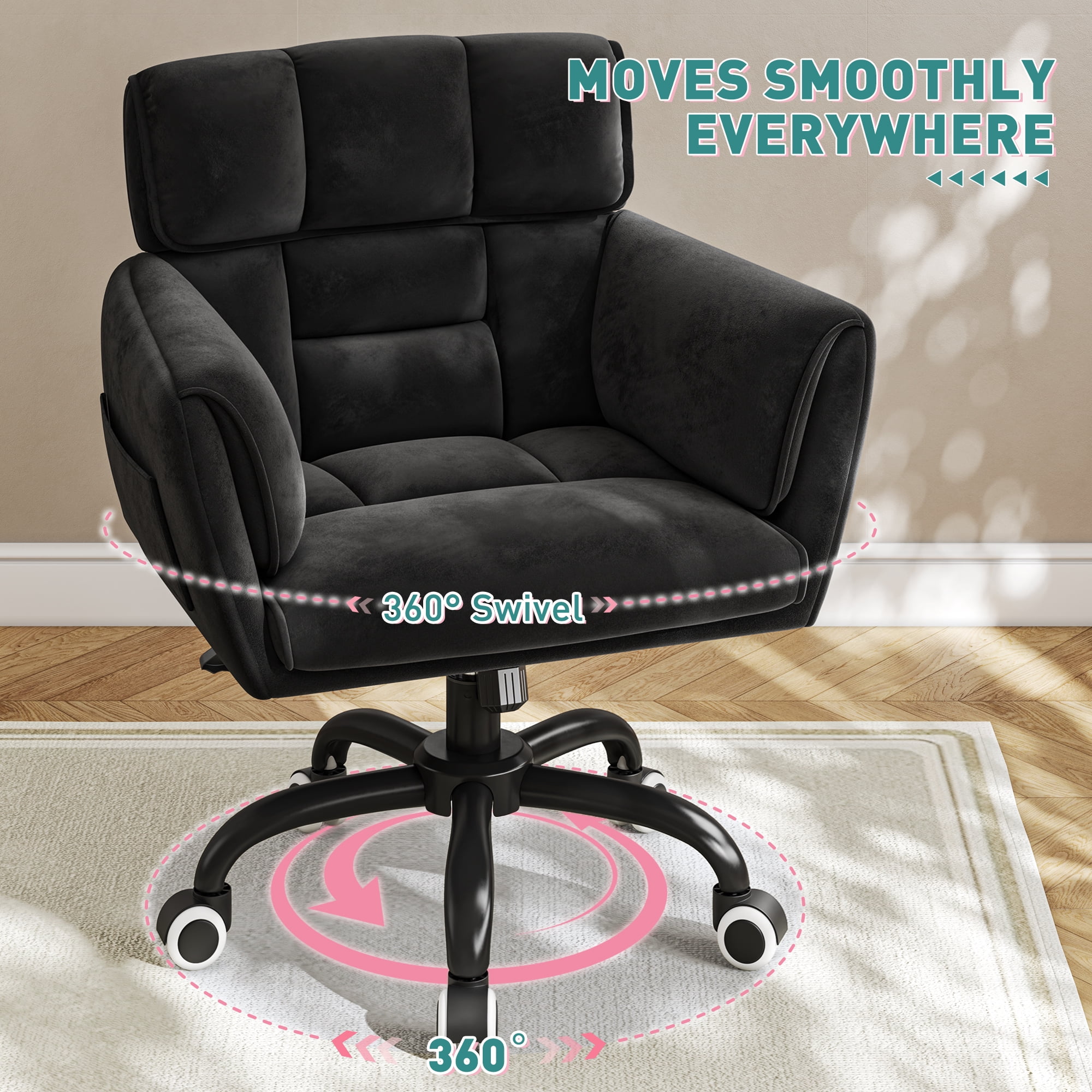 Romorgniz Adjustable Office Chair with Wheels, Soft-Touch Upholstered Desk Chair with Side Pockets, Ergonomic Vanity Chair for Bedroom, Home Office, Black
