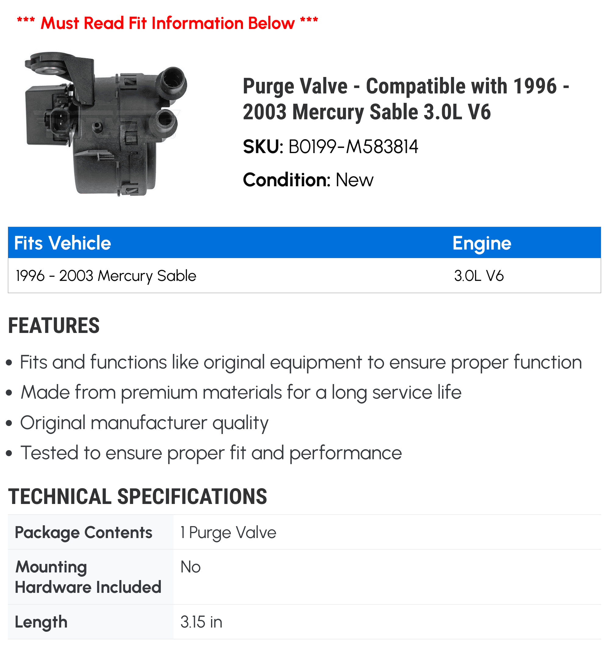 Purge Valve - Compatible with 1996 - 2003 Mercury Sable 3.0L V6 1997 1998 1999 2000 2001 2002