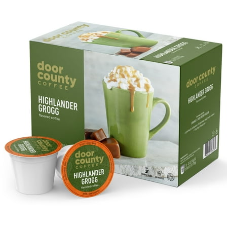 Door County Coffee Highlander Grogg, Irish Crème & Caramel Flavored Specialty Arabica K Cup/Single-Serve Coffee Pods, Medium Roast, 10 Ct Box, Compatible with all Keurig K Cup Brewers