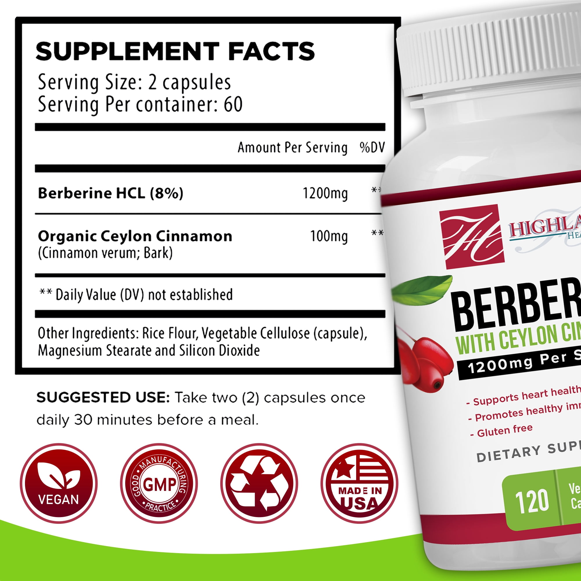 Highland Health Foods Berberine HCL with Ceylon Cinnamon, 120 Veg Caps