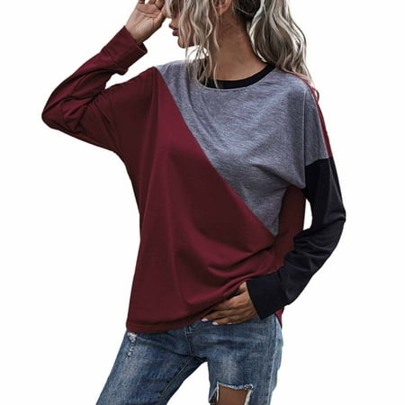 

Ziloco Women s 2022 Autumn And Winter Loose Stitching Round Neck Long-sleeved Top Bottoming Contrast Color Sweater long sleeve black dress for women scrub tops women Red XL