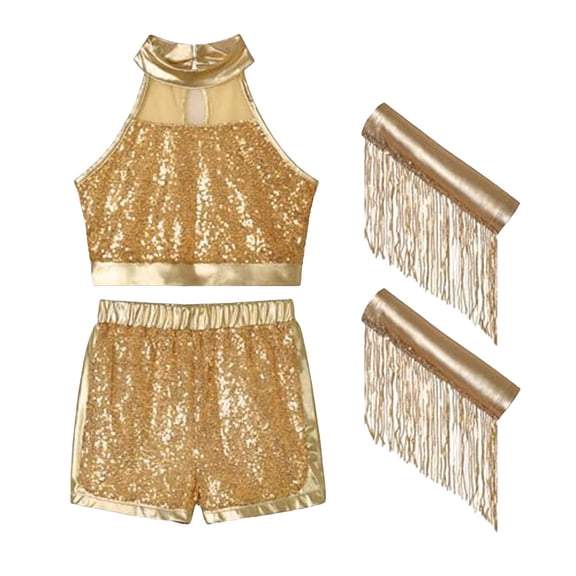 VUHXZWAF Outfits for Girls Sequin Sleeveless Shirt High Waist Shorts Gloves Dance 3 Piece Sets Size 6-7 Years