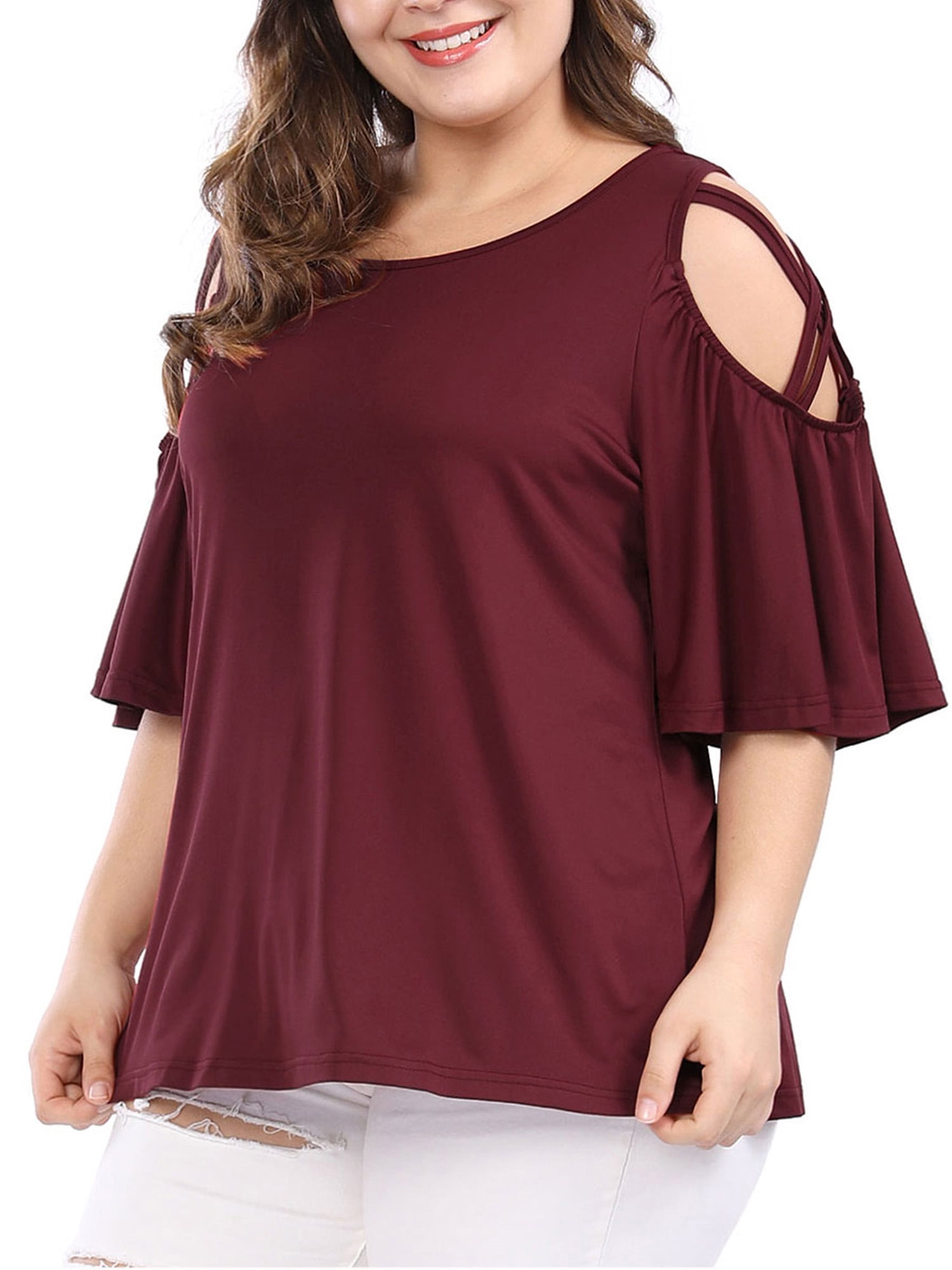 Unique Bargains Women's Plus Solid Strappy Cold Shoulder Trumpet Sleeve T-shirt