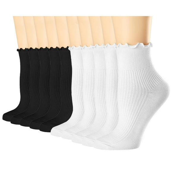 Holzlrgus Womens Ruffle Socks 10 Pairs,Casual Cute Ankle Socks Comfy Breathable Cool Knit Cotton Crew Frilly Sock for Women