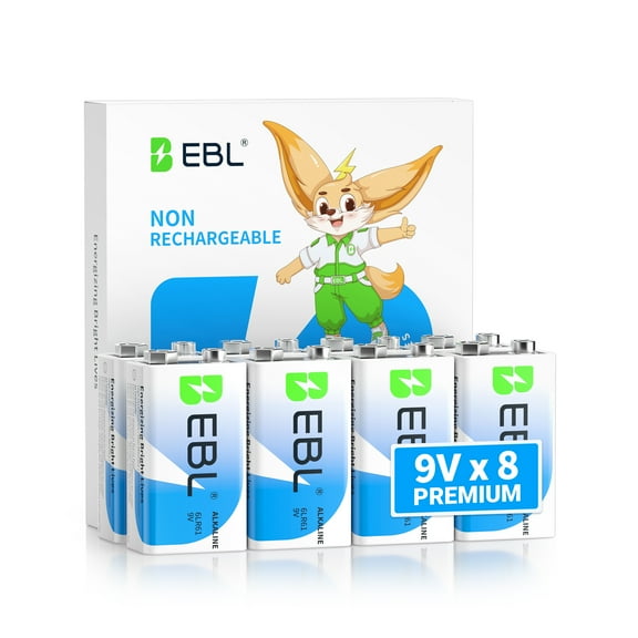 EBL 9V 6LR61 Alkaline Batteries, 9 Volts Batteries (Non-Rechargeable), 8 Pack