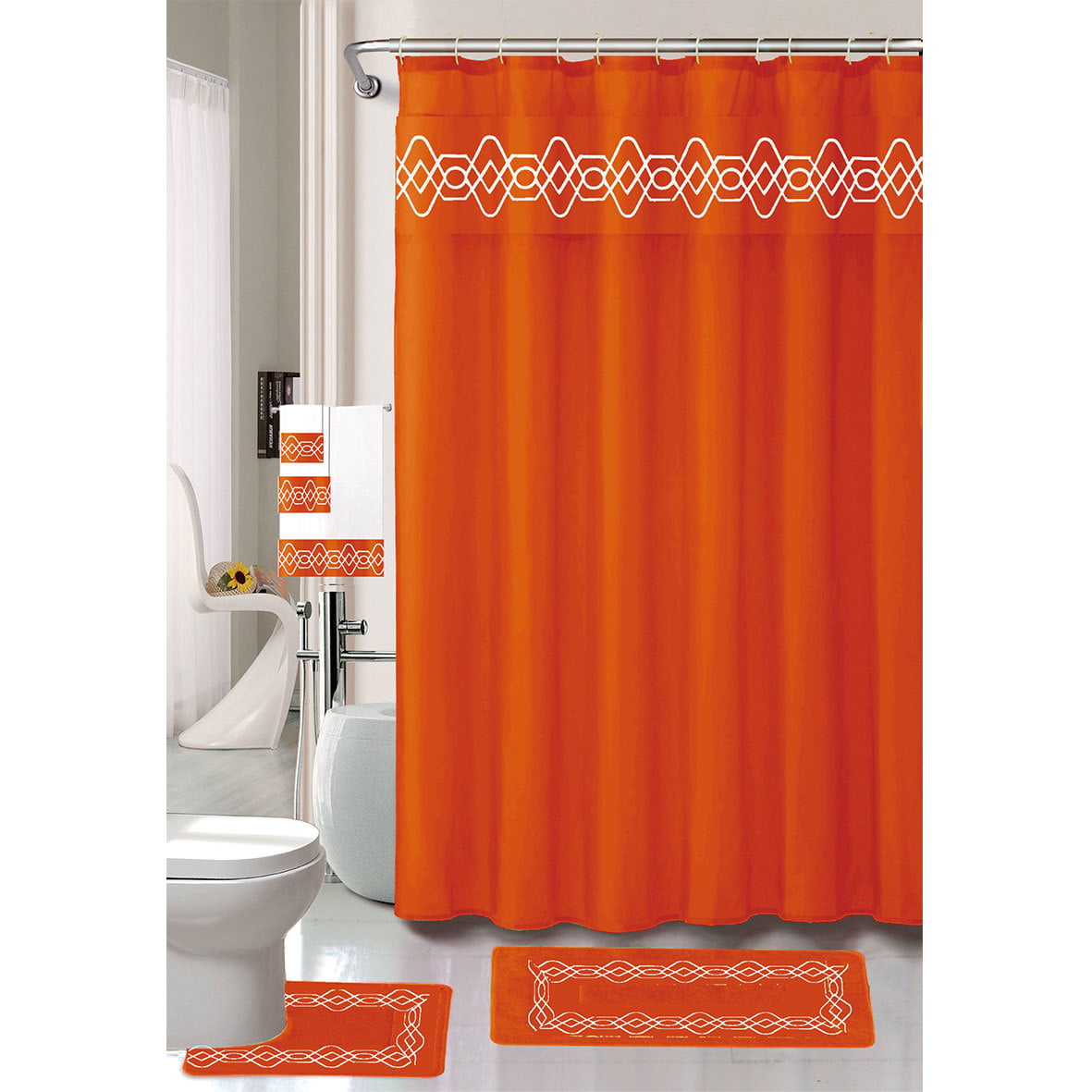 18 Piece Bathroom Shower Mat Curtain Set Shower Hooks + Bat Mat + Towel Set 