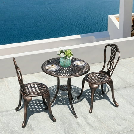 COBANA 3 Piece Outdoor Bistro Set All Weather Cast Aluminum Patio Dining Retro Table and Chairs with 2” Umbrella Hole Bronze