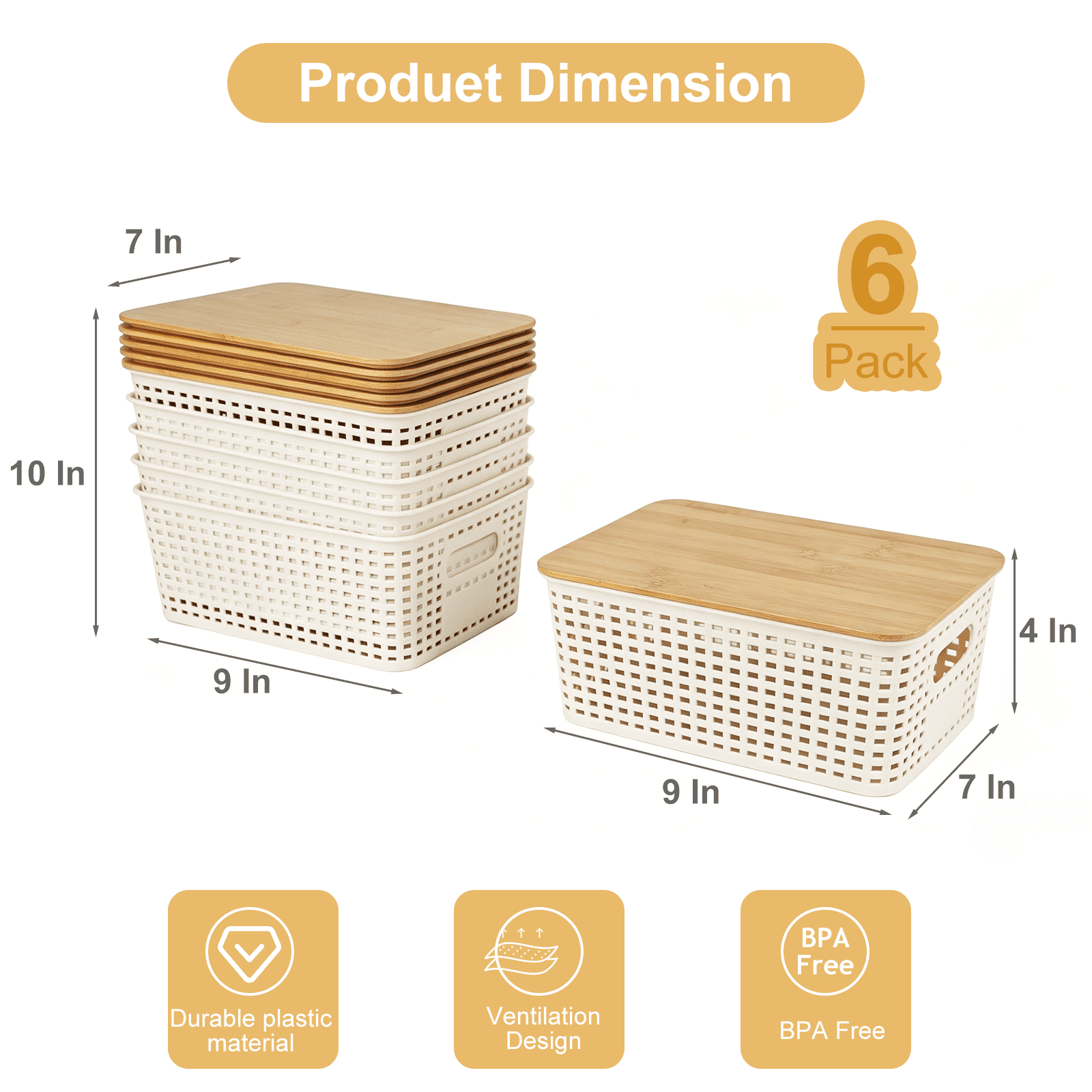 6 Pack Stackable Plastic Storage Baskets with Bamboo Lids, Storage Containers for Organizing Shelves, Drawers, Desktop, Closet, Office & Classroom, Includes Labels & Pen
