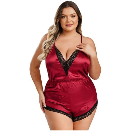 Sxiwei Women Plus Size Satin Pajamas Spaghetti Strap Lace Trim Rompers Babydoll Lingerie Sleepwear Burgundy XXL