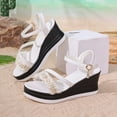 thumbnail image 4 of Platform Wedge Sandals Women Pearl Band Strappy Heels Open Toe Rhinestone Ankle Strap Pumps Shoes Casual Summer Dressy Shoes White Size 7, 4 of 6