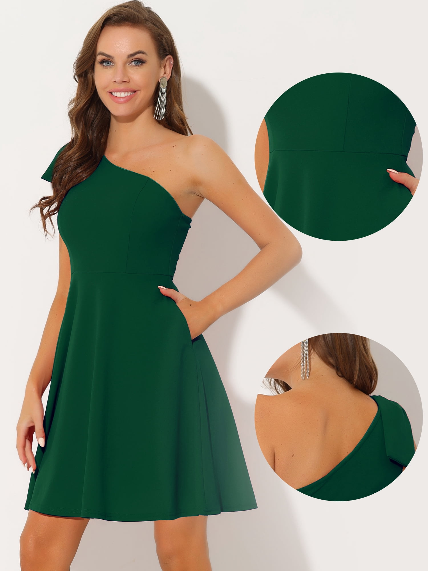 DARING DIVA Halloween Costume Bow One Shoulder with Pockets Swing Dress XS Dark Green