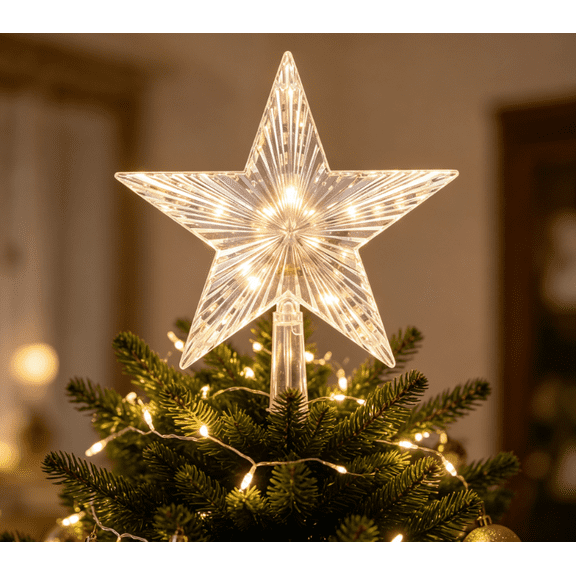 Clearance Christmas Decor - 1PC Christmas Tree Topper Star, Flashing 5‑Point Star Tree Top Ornament with Warm White LED Lights, Plug‑in Clear Acrylic Star for Christmas Tree Holiday Home Decoration