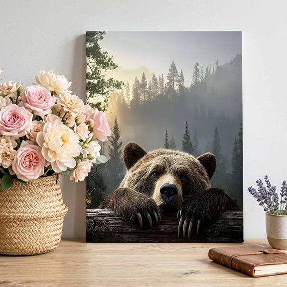Canvas Wall Art Bear Canvas Art Print Animal Wood Fence Forest Farmhouse Pictures Wall Decor for Living Room Bedroom Artwork Decorations Stretched Framed Ready to Hang 22"x28"