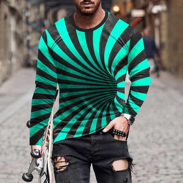Blusas y camisas de manga larga con cuello redondo para hombre, blusa informal de manga larga con cuello redondo y estampado de rayas, blusa de poliéster para hombre