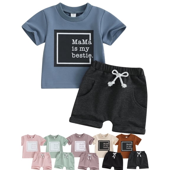 WIBACKER Mamas Baby Boy Girl Clothes Summer Short Sleeve Bestie Letter Print T-Shirt Tops Shorts Set Cotton Outfit