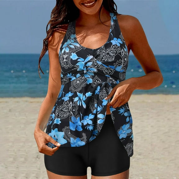 CALAFEBILA Junior Swimsuit Tankini 2 Piece Modest Summer Vintage Print Beach Bathing Suits