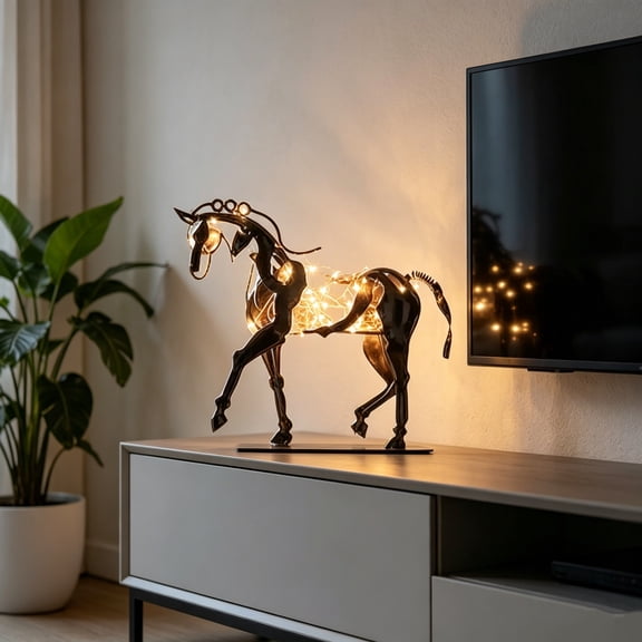 Vintage Metal Horse Sculpture with String Lights, Iron Tabletop Ornament for Living Room, Bedroom, and Office Decor Black