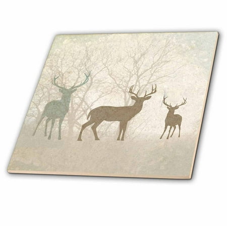 - 3dRose Deer Silhouettes Set Against Faded Forest Background in Earth Tones - Ceramic Tile, 12-inch