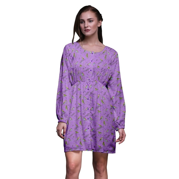 Bimba Purple Blue Berries & Flowerpecker Bird Floral Print Button Down Long Sleeve Midi Dress Women Clothing-XX-Large
