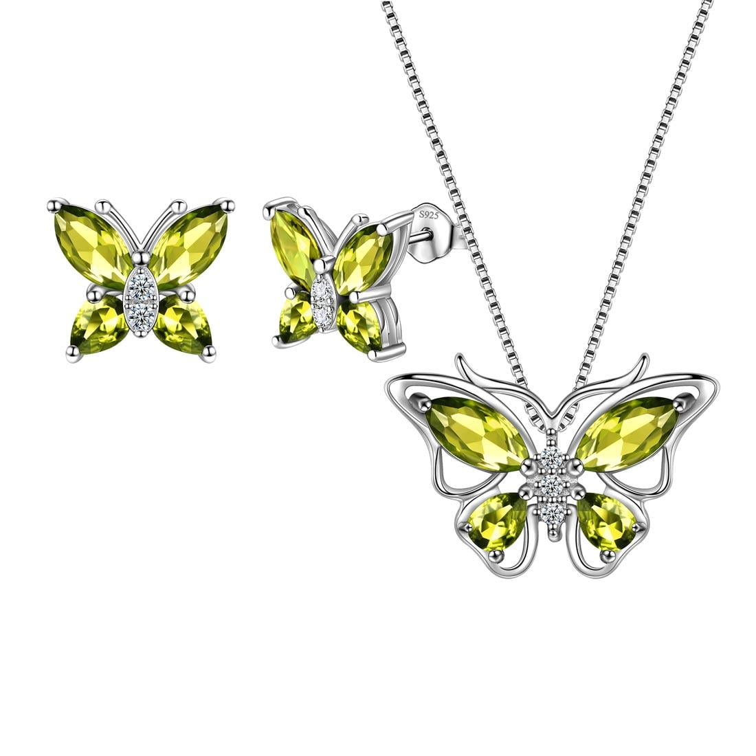 Butterfly Jewelry Set Necklace/Earrings August Peridot Birthstone 925