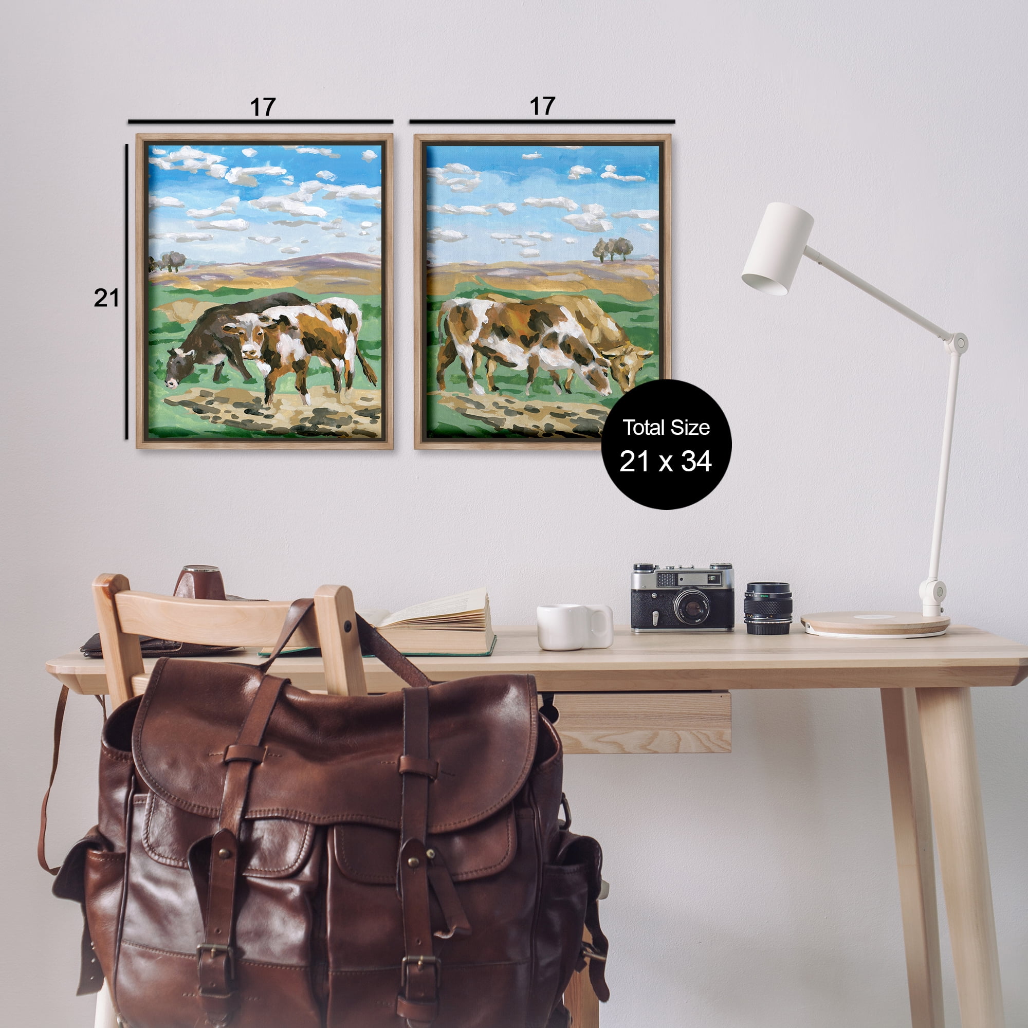 Stupell Industries Cows Grazing in Field Animals Painting Brown Floater Framed Canvas Art Print Wall Art, 17 x 21, Set of 2