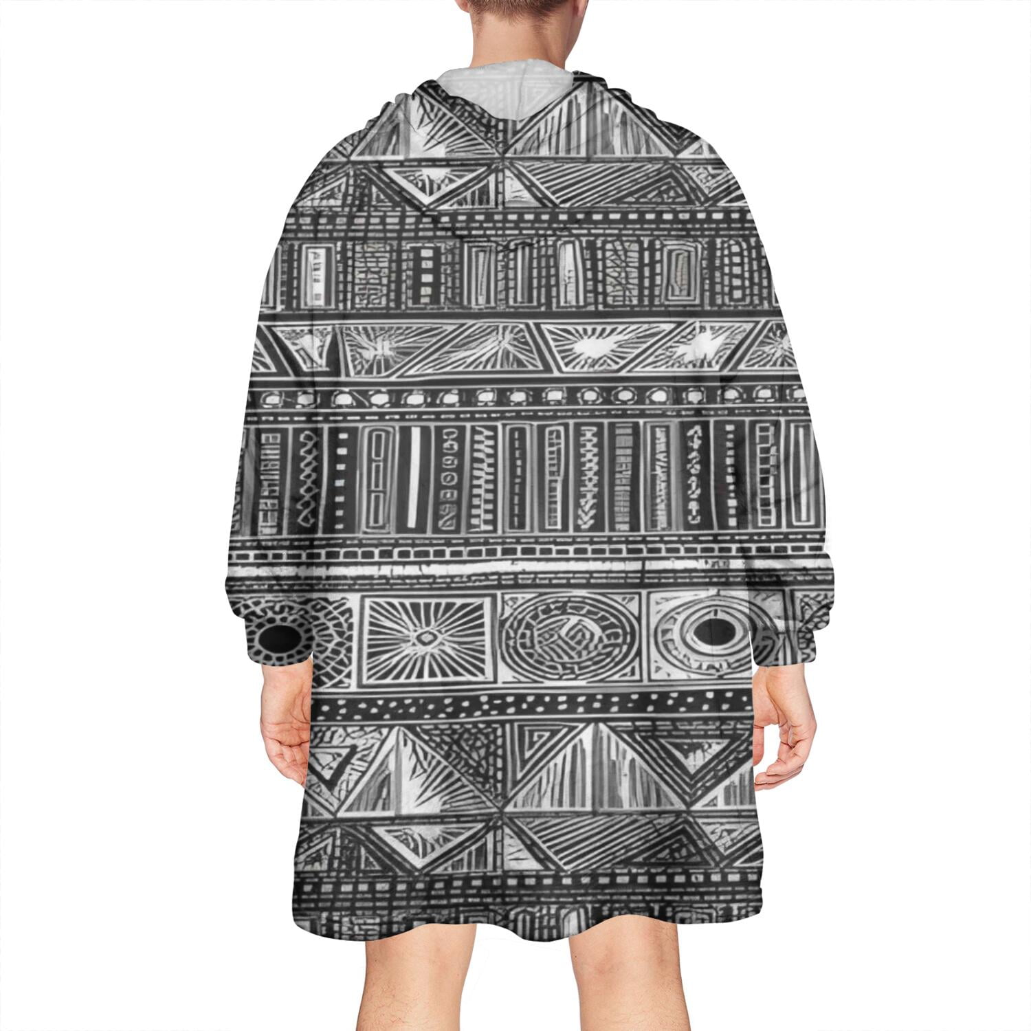 Wearable Oversized Blanket,Black Geometric Striped Pattern Wearable Blanket Hoodie for Adults,Cozy Hooded Blankets with Super Pockets,Super Warm Fuzzy Pullover for Women & Men