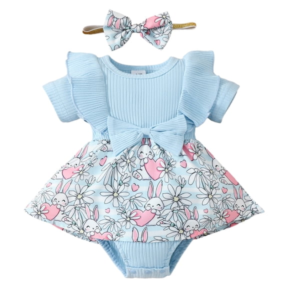 Edvintorg 0-18Months My 1St Easter 2025 Toddler Girl Outfits Set Kawaii Rabbit Printed Ruffled Short Sleeve Bodysuit Rompers and Headwear Cotton Girl Set Clothes